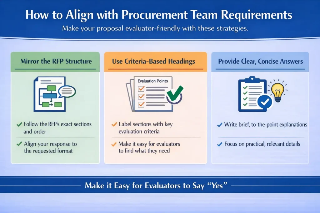 What procurement teams expect infographic showing how to align proposals with requirements using clear structure, criteria-based headings, and concise answers