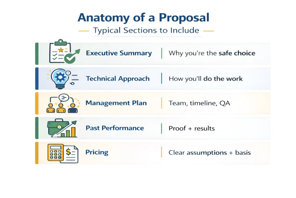 Government contracts for beginners infographic showing proposal structure including executive summary, technical approach, management plan, past performance, and pricing