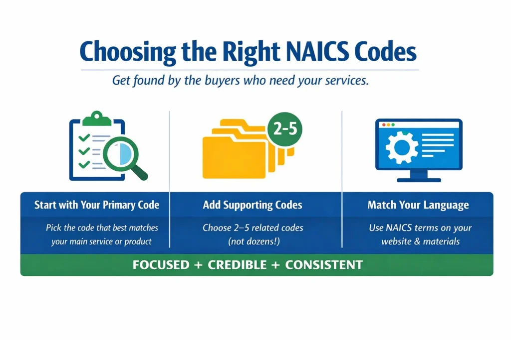 Government contracts for beginners infographic showing how to choose the right NAICS codes using primary code, supporting codes, and keyword alignment