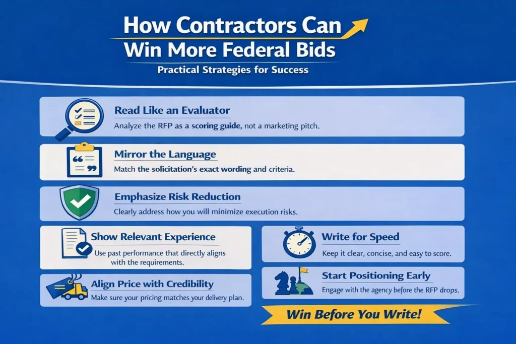 Why companies lose government contracts infographic showing strategies to improve bids, including pricing, experience, and proposal alignment