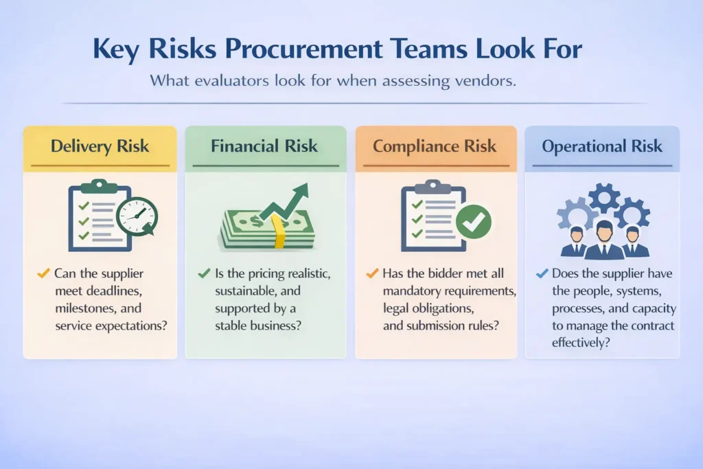 What procurement teams expect when evaluating vendors including delivery, financial, compliance, and operational risks infographic