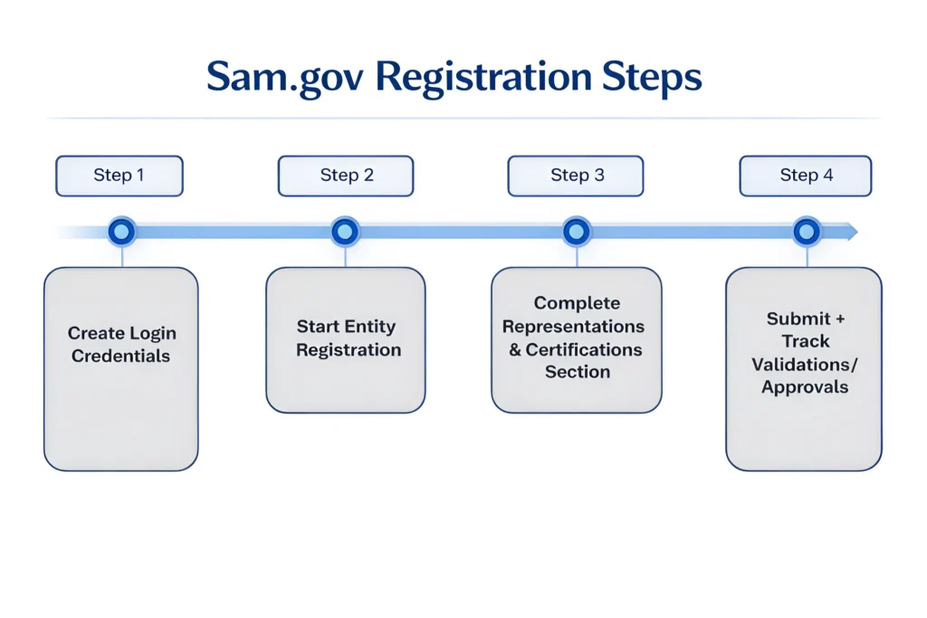 Government contracts for beginners infographic showing SAM.gov registration steps including account setup, entity registration, certifications, and approval process