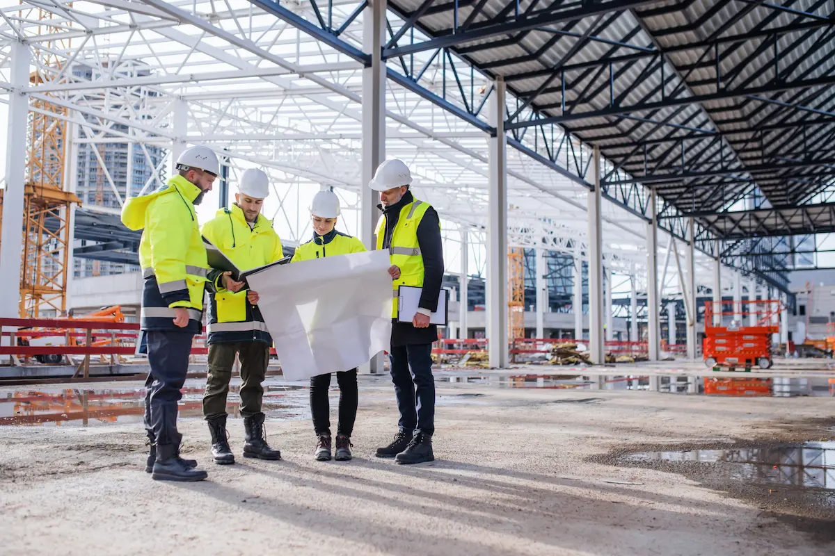 Engineering team reviewing construction plans to improve contract discovery and project success