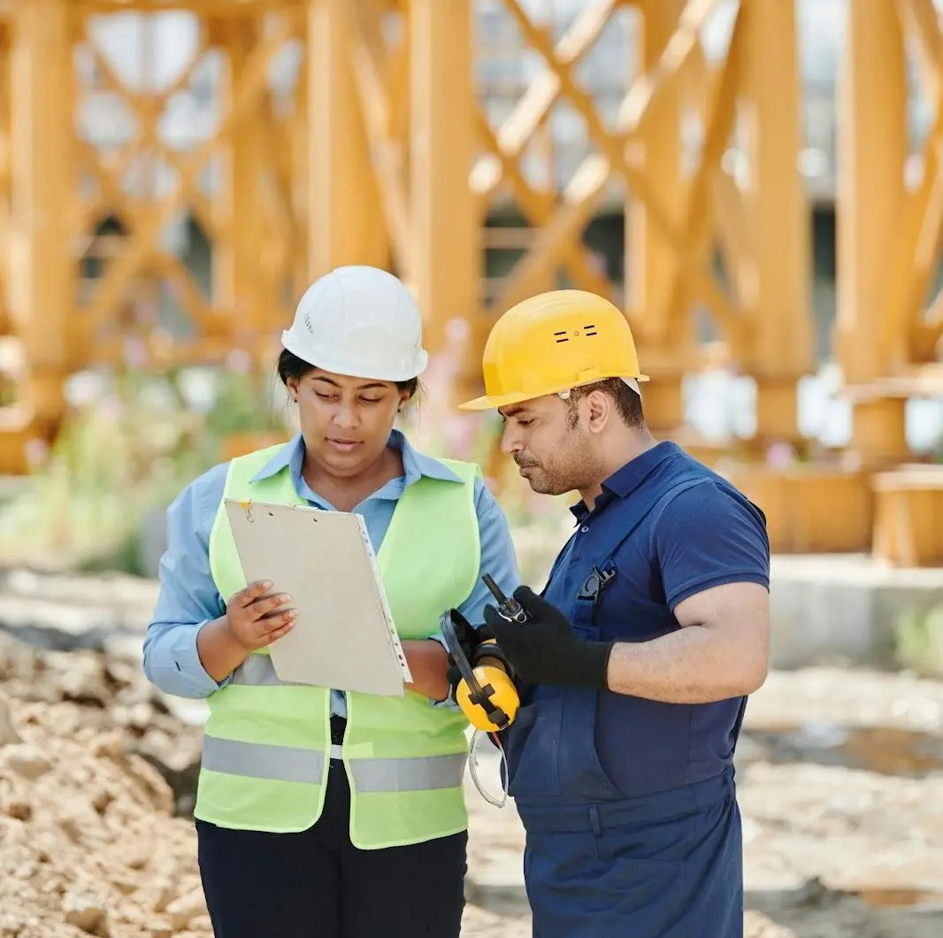 Contractors reviewing project details on site to track and manage high-value opportunities with Leads Grid